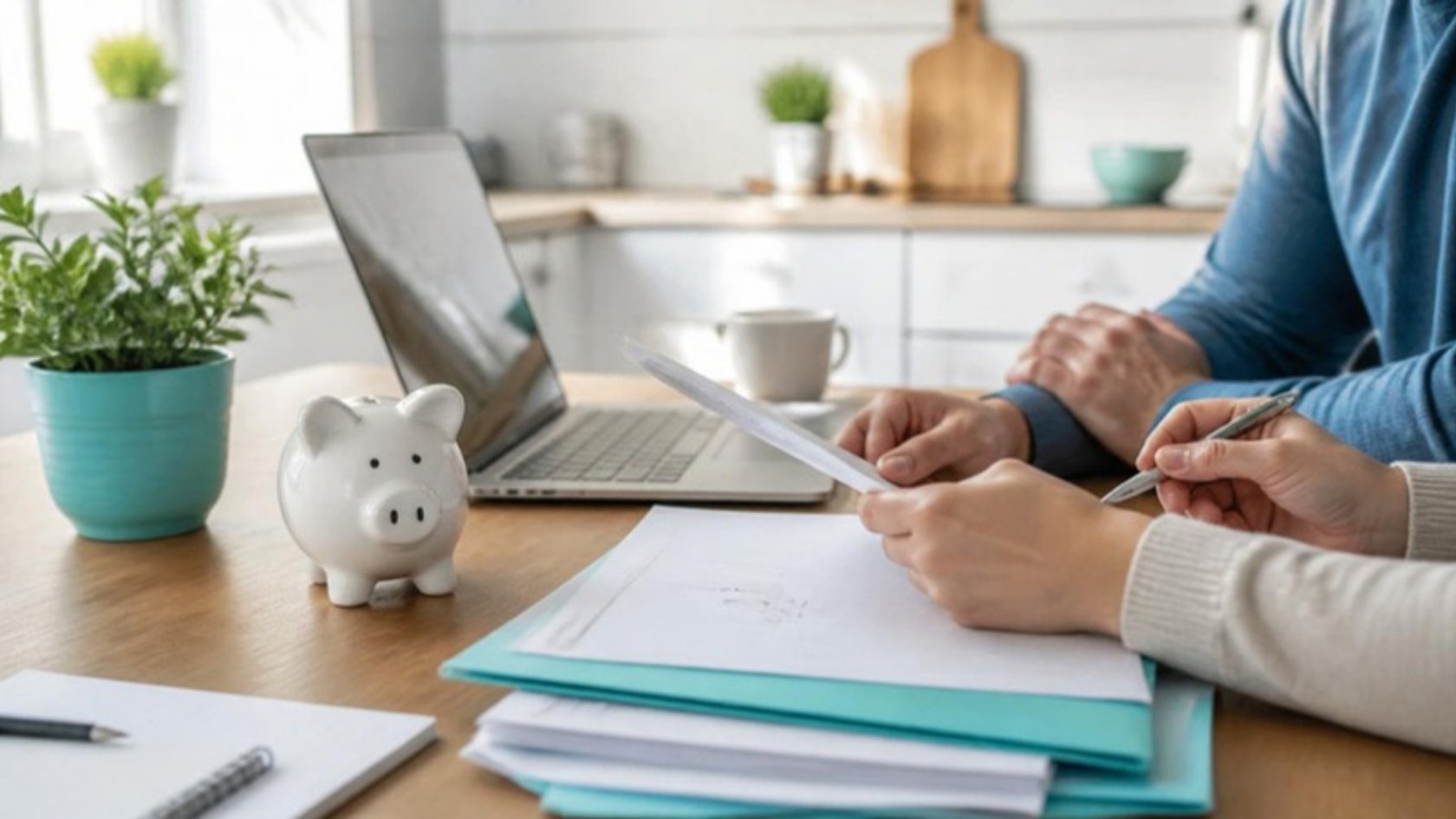 Pareja revisando las cuentas del hogar para decidir si reunificar deudas compensa
